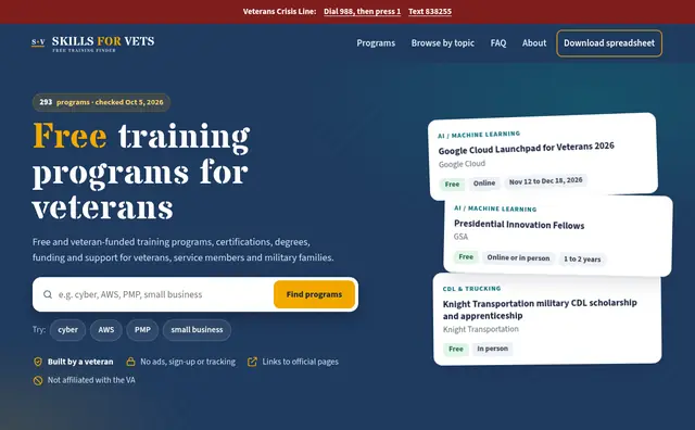 Skills for Vets website homepage